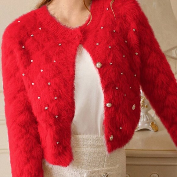 Red Casual Women's V-Neck Studded Fuzzy soft Cardigan Sweater - Picture 6 of 7